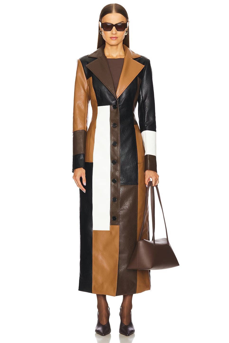 Brittany Women’s Long-Line Coat – Patchwork Tonal Design Leather Coat