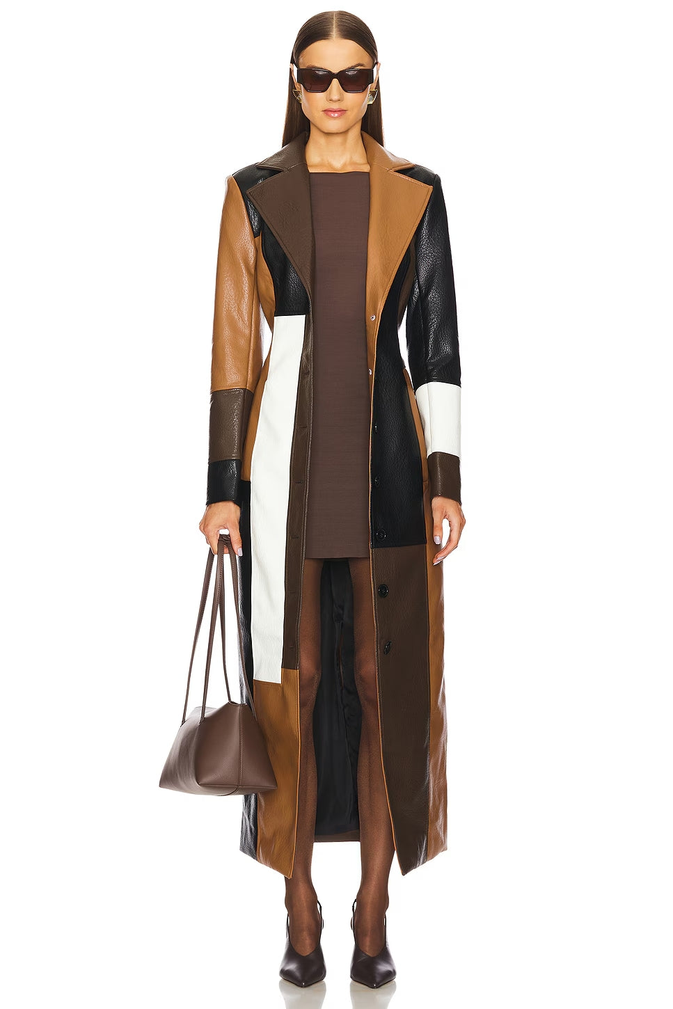 Brittany Women’s Long-Line Coat – Patchwork Tonal Design Leather Coat