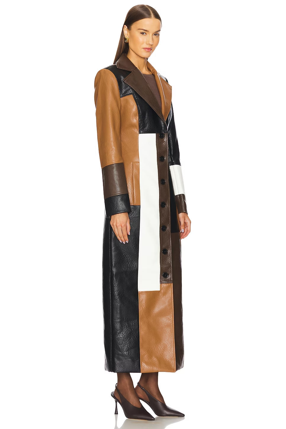 Brittany Women’s Long-Line Coat – Patchwork Tonal Design Leather Coat