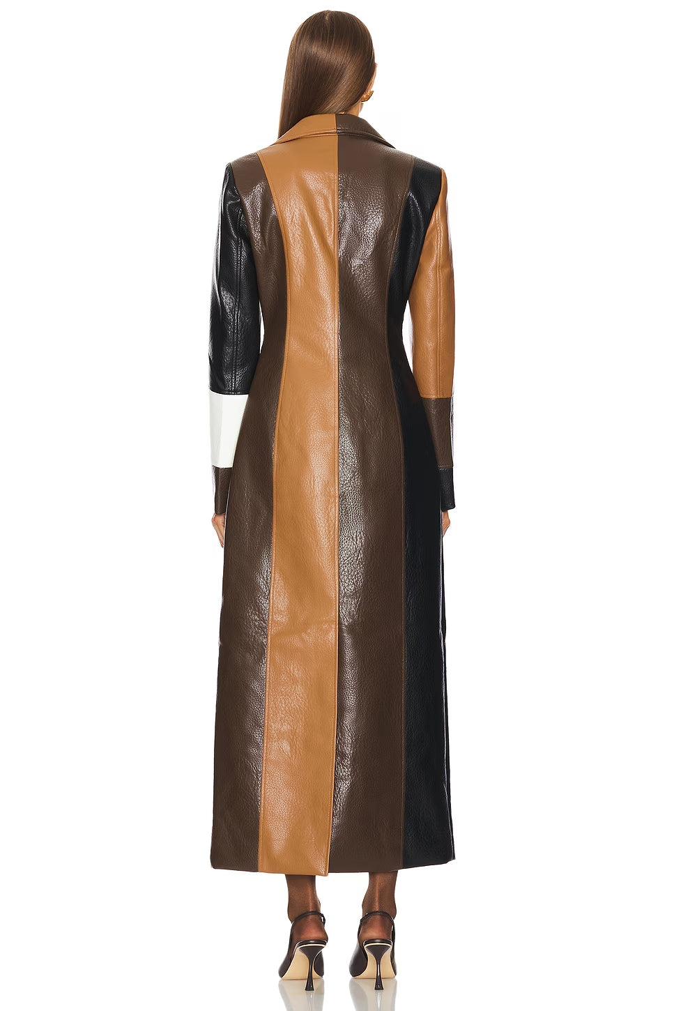 Brittany Women’s Long-Line Coat – Patchwork Tonal Design Leather Coat