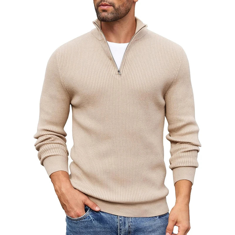 Ezra Men’s Quarter Zip Sweater – Slim Fit Ribbed Knit Mock Neck Pullover