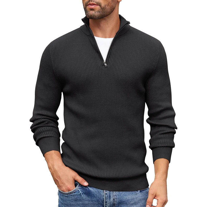 Ezra Men’s Quarter Zip Sweater – Slim Fit Ribbed Knit Mock Neck Pullover