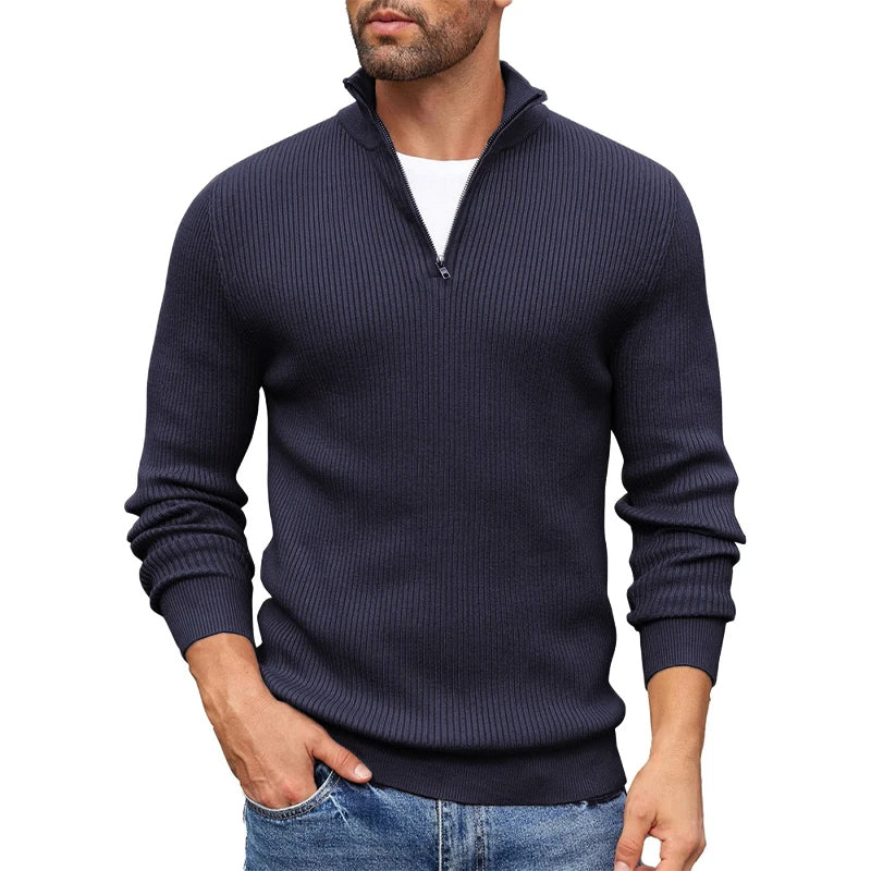 Ezra Men’s Quarter Zip Sweater – Slim Fit Ribbed Knit Mock Neck Pullover