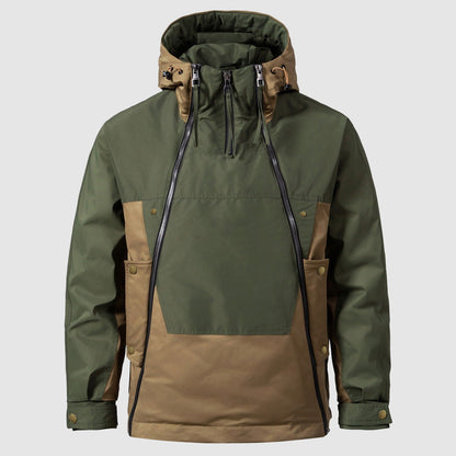 Ethan Men’s Color-Block Down Jacket – Hooded Double Zipper Half-Zip Anorak Winter Coat
