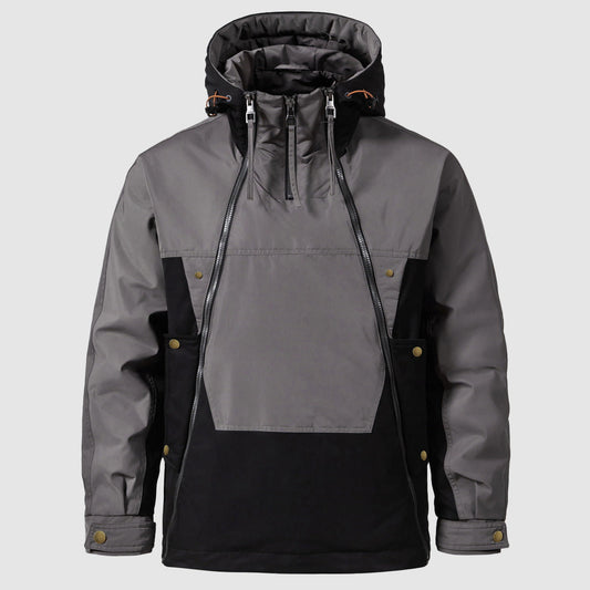 Ethan Men’s Color-Block Down Jacket – Hooded Double Zipper Half-Zip Anorak Winter Coat