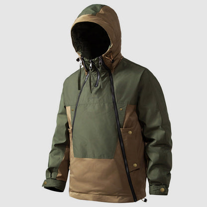 Ethan Men’s Color-Block Down Jacket – Hooded Double Zipper Half-Zip Anorak Winter Coat