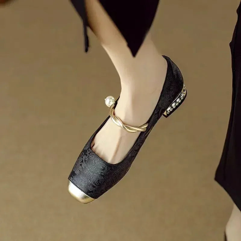 Clara Women’s Satin Pumps – Twisted Strap Studded Block Heel