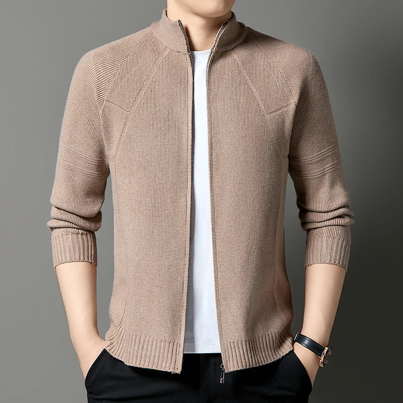 Erwan Men’s Knitted Jacket – Wool-Blend Stand-Up Collar Full-Zip Jacket