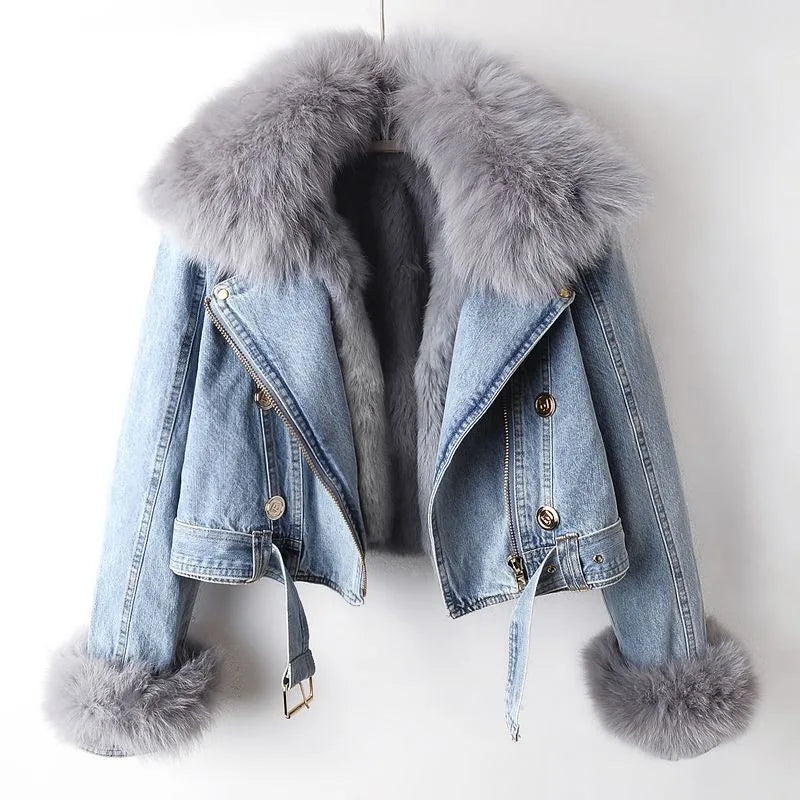 Jolene Fur-Lined Women's Denim Jacket – Cropped Coat with Removable Fox Fur Collar
