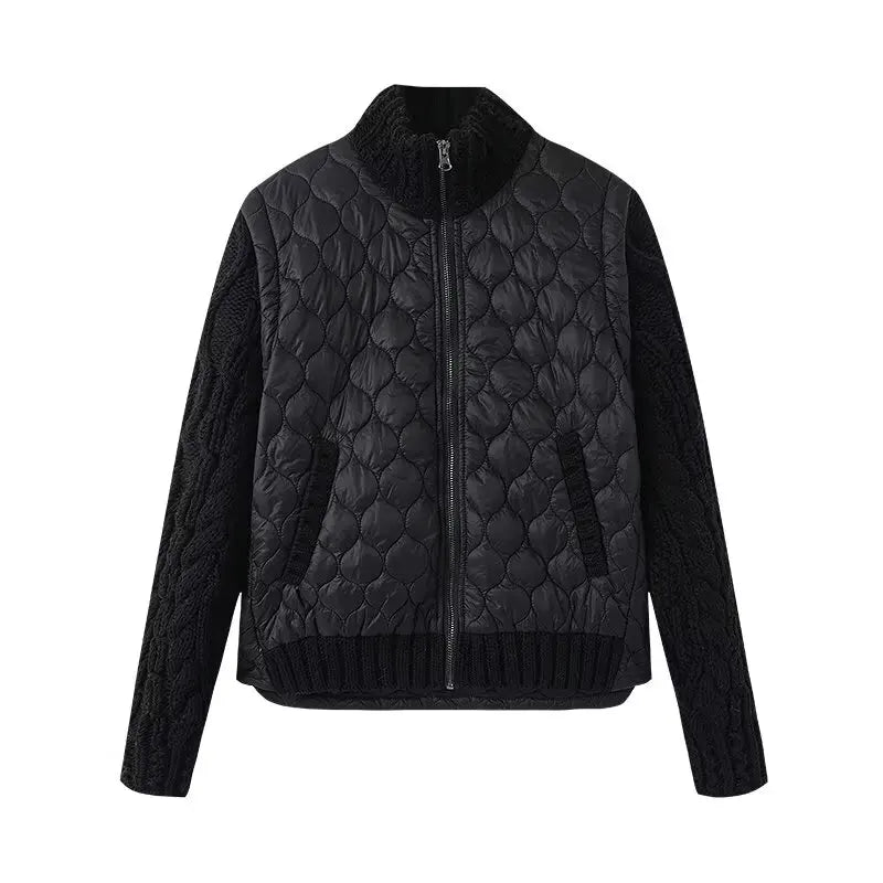 Adelina Quilted Patchwork Jacket – Textured Warmth with Cable-Knit Sleeves