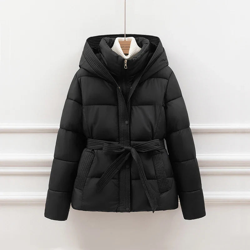 Sherly Women's Down Jacket - Belted Quilted with Adjustable Hood
