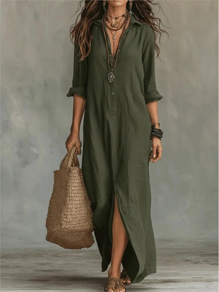 Amara Cotton Linen Shirt Maxi Dress – Turn-Down Collar Long-Sleeve Loose Flowy Silhouette