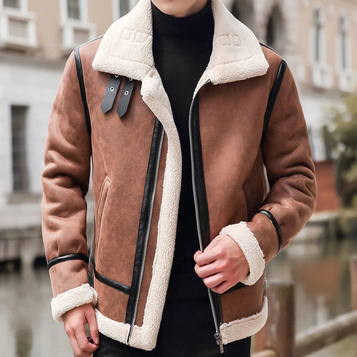 Ashford Men’s Leather Jacket – Shearling-Lined Zip Up Jacket