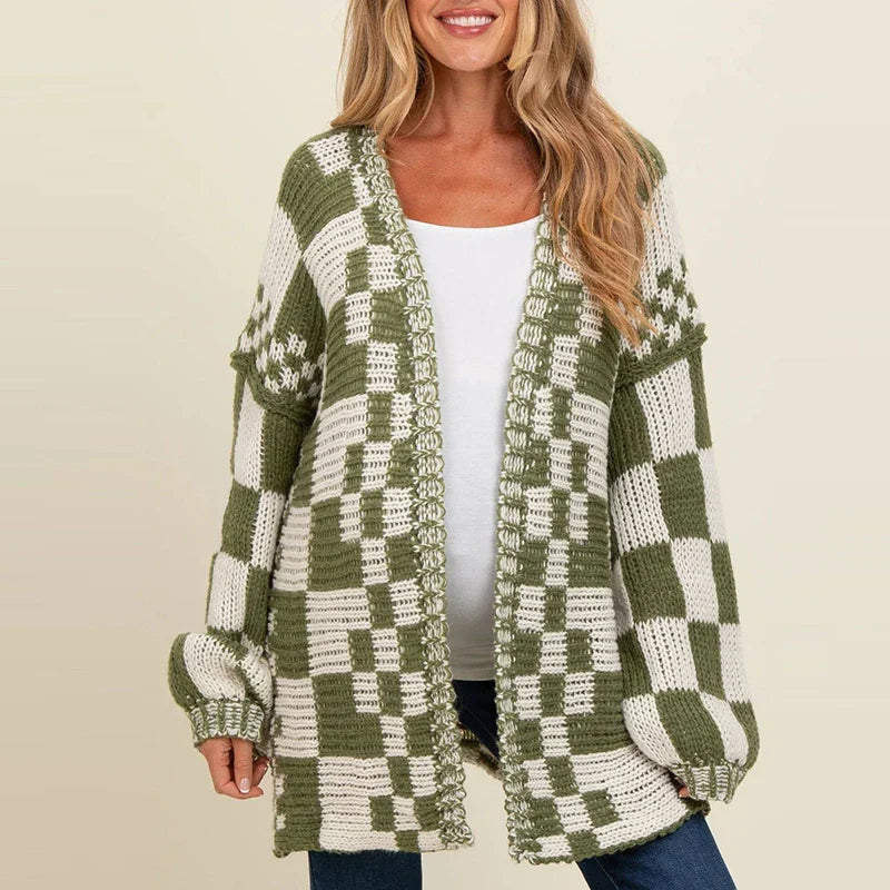 Marina Women’s Wool Cardigan – Checkered Chunky Knit Cardigan