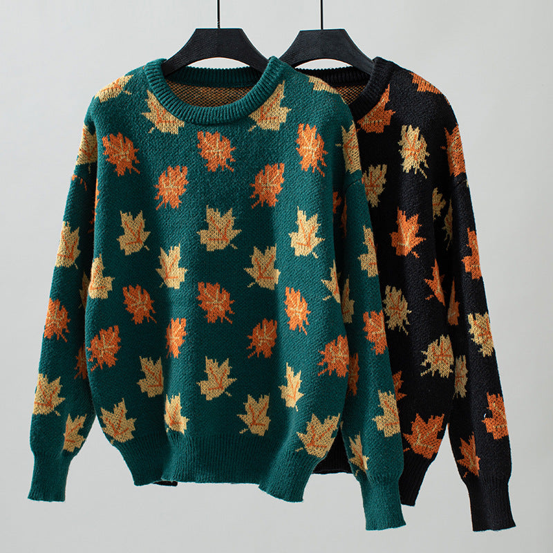 Camille Women’s Knit Pullover – Maple Leaf Pattern Wool Sweater
