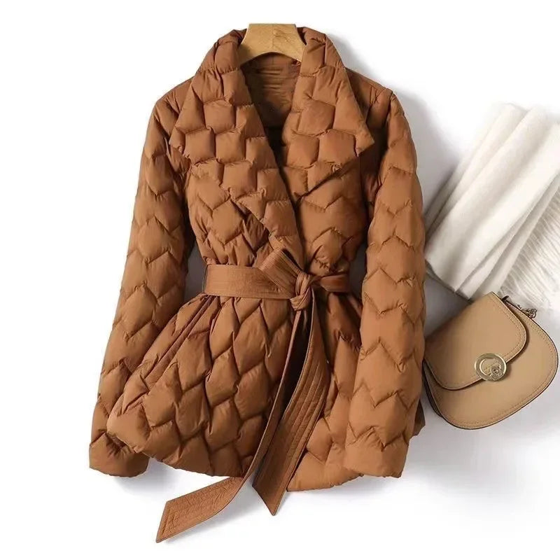 Mikaela Women’s Quilted Belted Coat – Water-Resistant Wrap Jacket