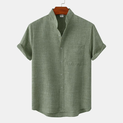 Leonard Men’s Linen Shirt – Collarless Short Sleeve Button-Up for Summer