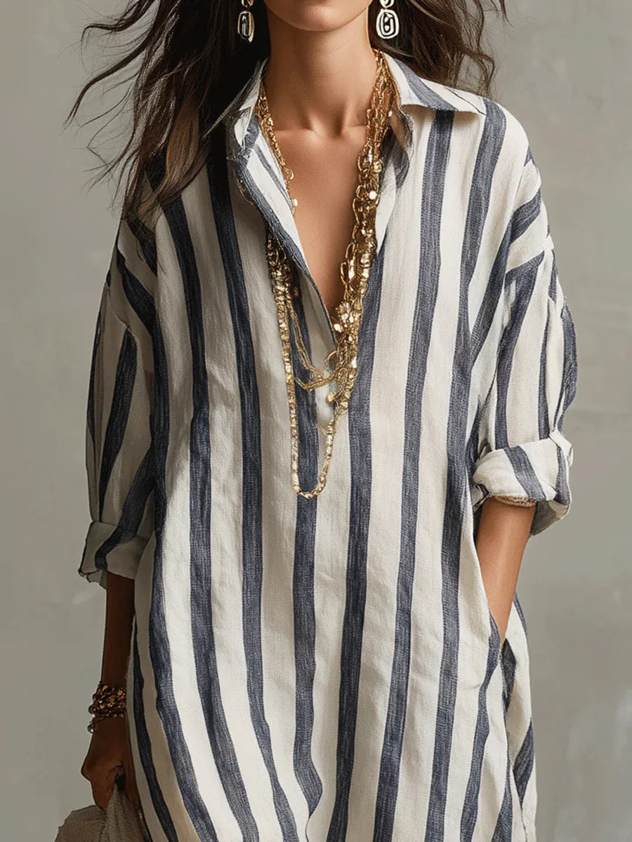 Cyrus Striped Linen Maxi Dress – Turn-Down Collar Loose Fit Rolled-Sleeve Summer Apparel