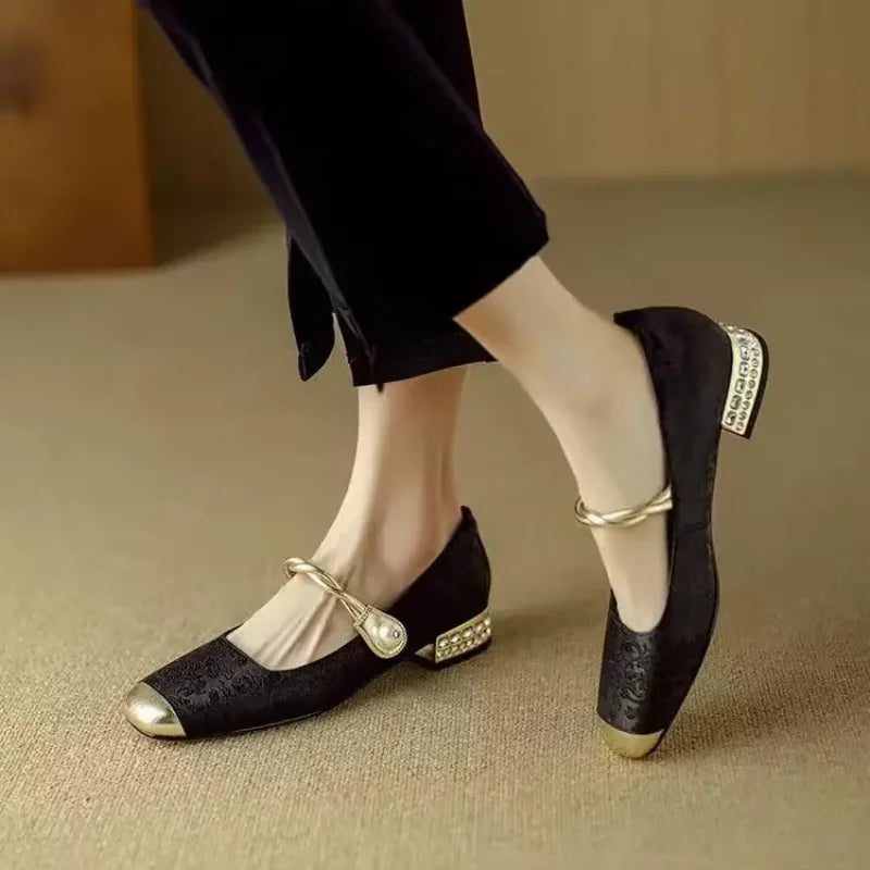 Clara Women’s Satin Pumps – Twisted Strap Studded Block Heel