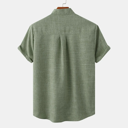 Leonard Men’s Linen Shirt – Collarless Short Sleeve Button-Up for Summer