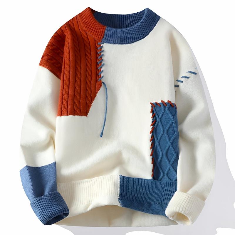 Lucien Men’s Knit Sweater – Soft Cotton Blend with Italian Patchwork Detail