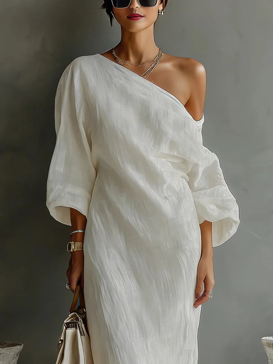 Madonna Textured Linen Maxi Dress – One-Shoulder Asymmetrical Hem Batwing Drape