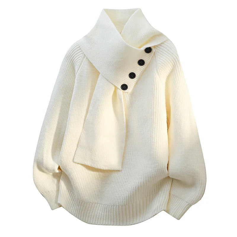Malou Women’s Knit Sweater – Ribbed Scarf Neck with Button Detail