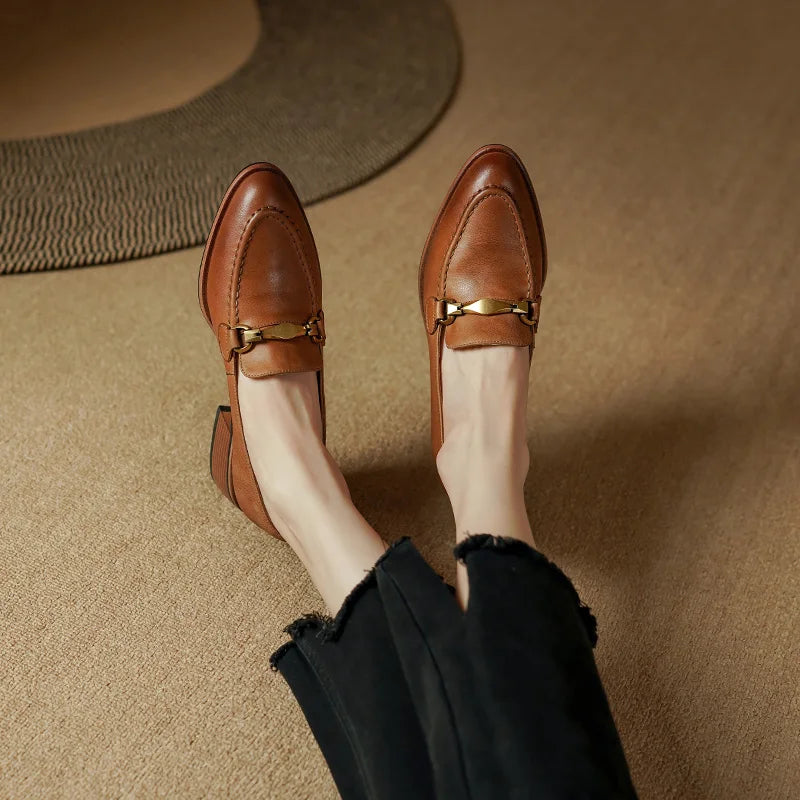 Camilla Women's Heeled Leather Loafers – Gold Horsebit Detail