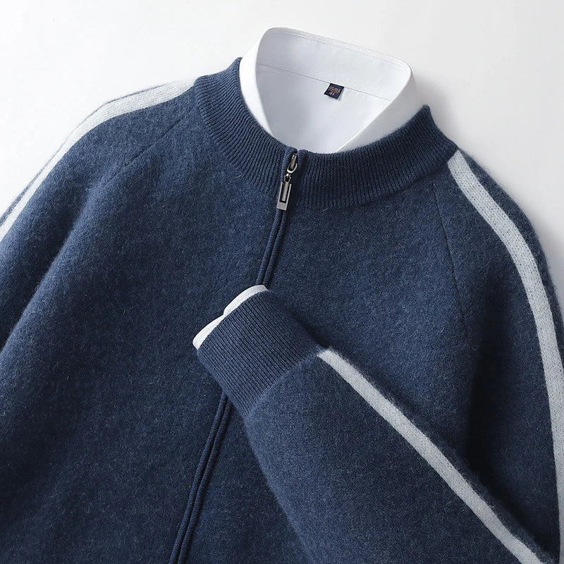 Rodrigo Men’s Wool Zip Cardigan – Wool Knit with Dual Stripe Detailing