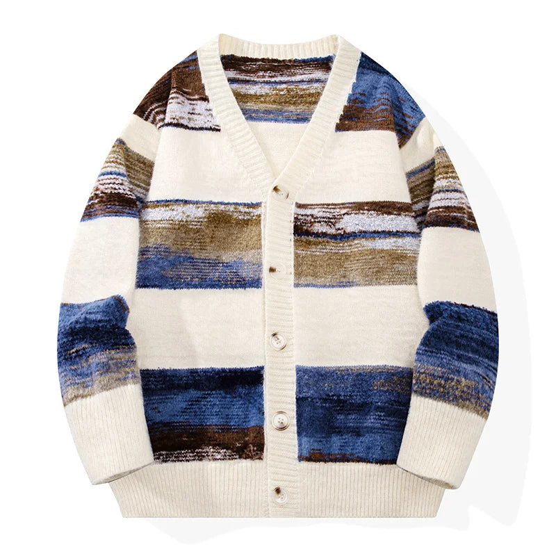 Henry Men’s Cardigan Sweater – Striped Knit with Button Front & Ribbed Hem