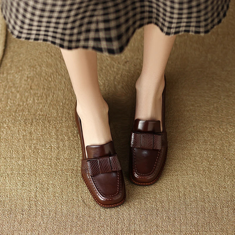 Luciana Women's Leather Loafers – Italian Square Toe Mid-Heel Women’s Shoes