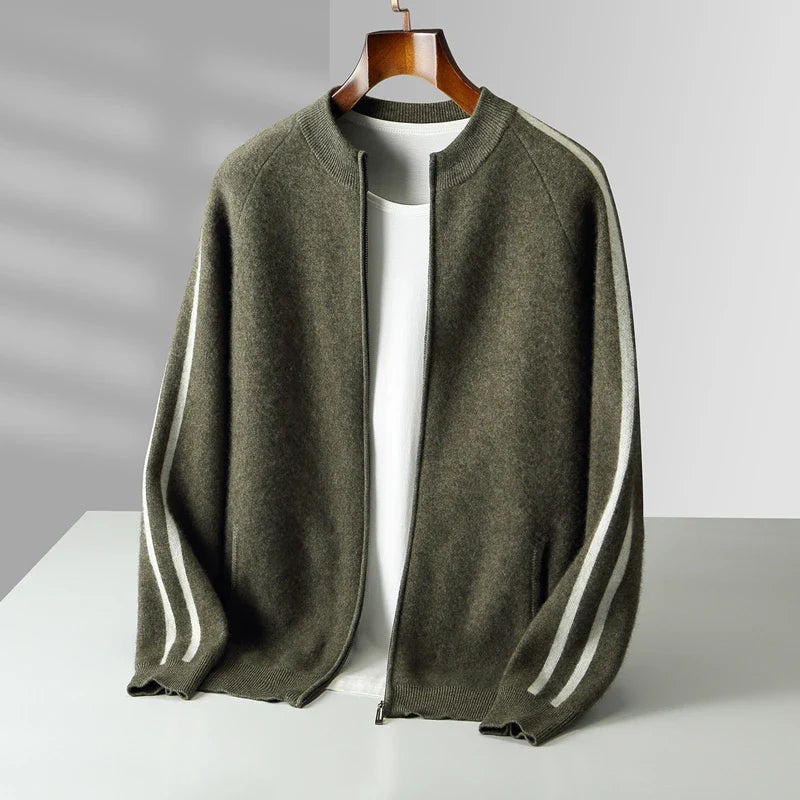 Rodrigo Men’s Wool Zip Cardigan – Wool Knit with Dual Stripe Detailing