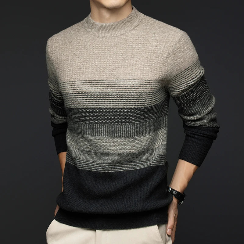 Alistair Men’s Wool Sweater – Gradient Stripe Crew Neck Sweater