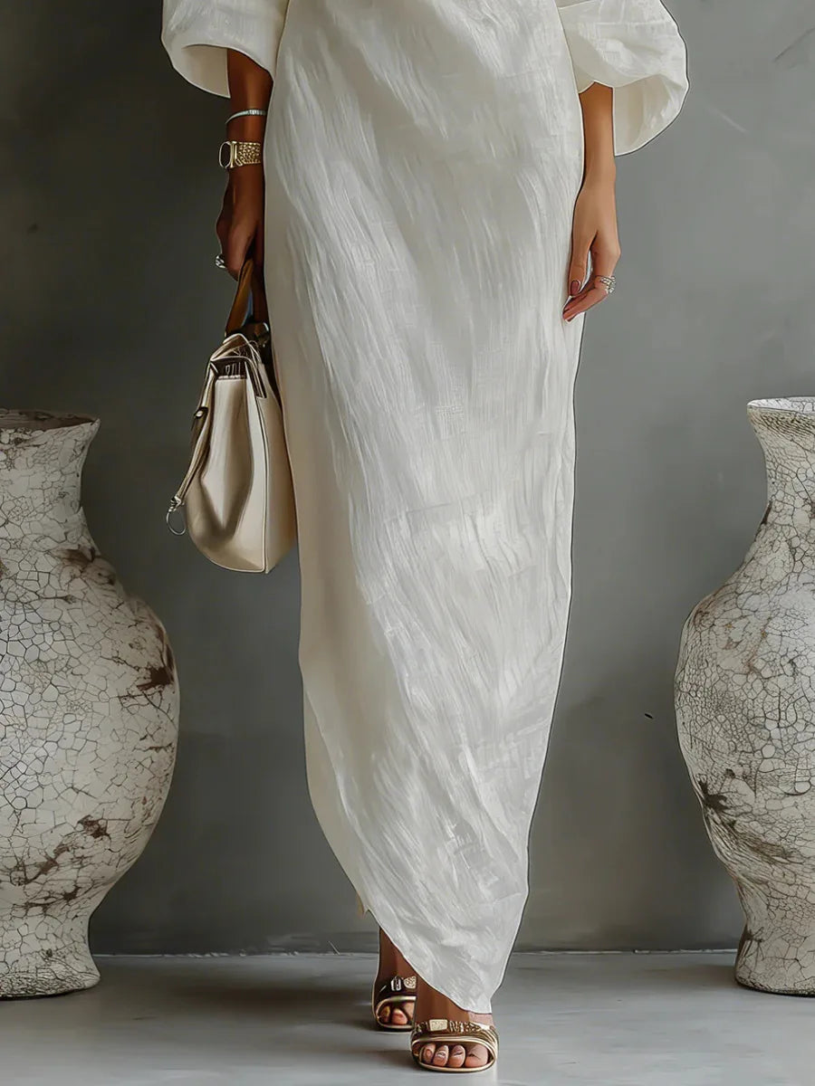 Madonna Textured Linen Maxi Dress – One-Shoulder Asymmetrical Hem Batwing Drape