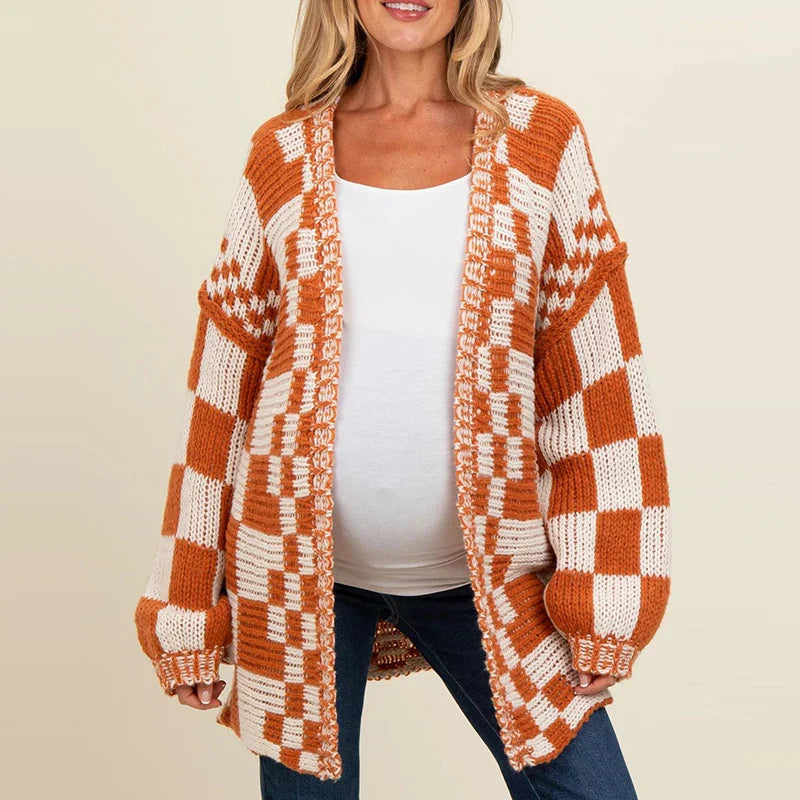Marina Women’s Wool Cardigan – Checkered Chunky Knit Cardigan