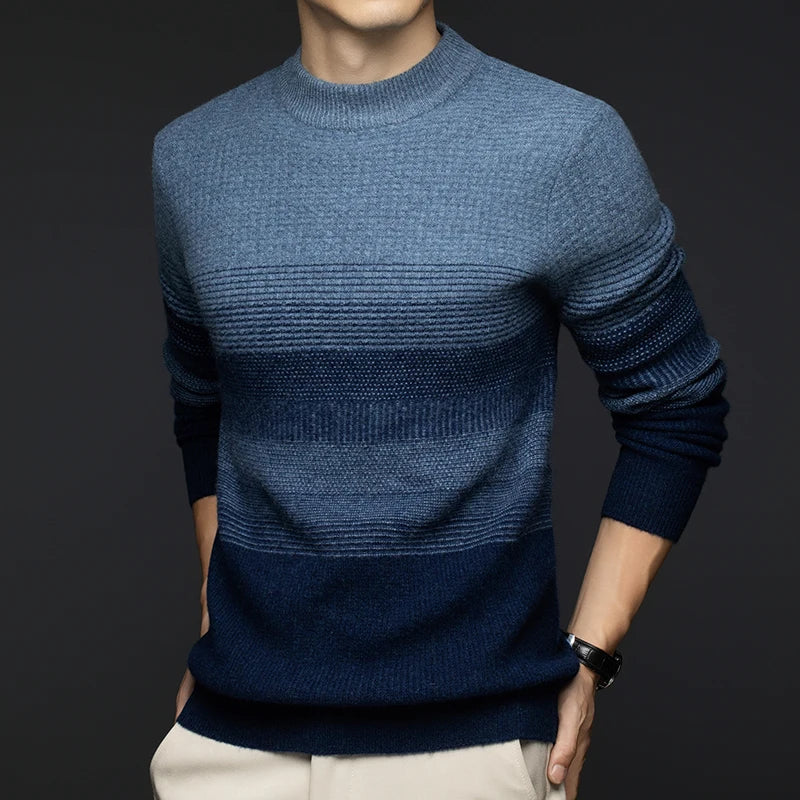 Alistair Men’s Wool Sweater – Gradient Stripe Crew Neck Sweater