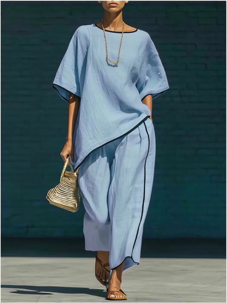Tracey Cotton Blend Two-Piece Loungewear Set – Round Neck Cropped Wide-Leg Pants