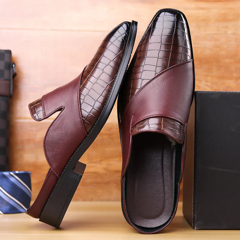 Fabrizio Men’s Leather Mules – Croc-Embossed Slip-On Shoes