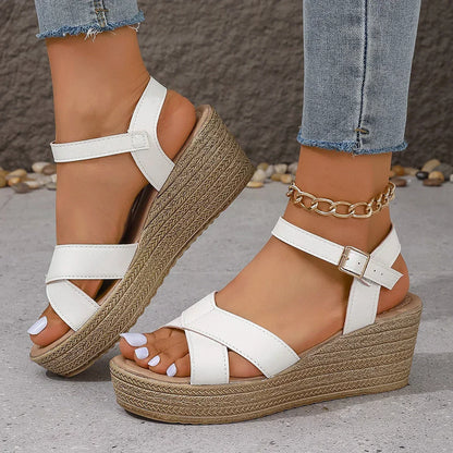 Amelie Women’s Wedge Sandals – PU Leather with Chunky Platform & Adjustable Strap