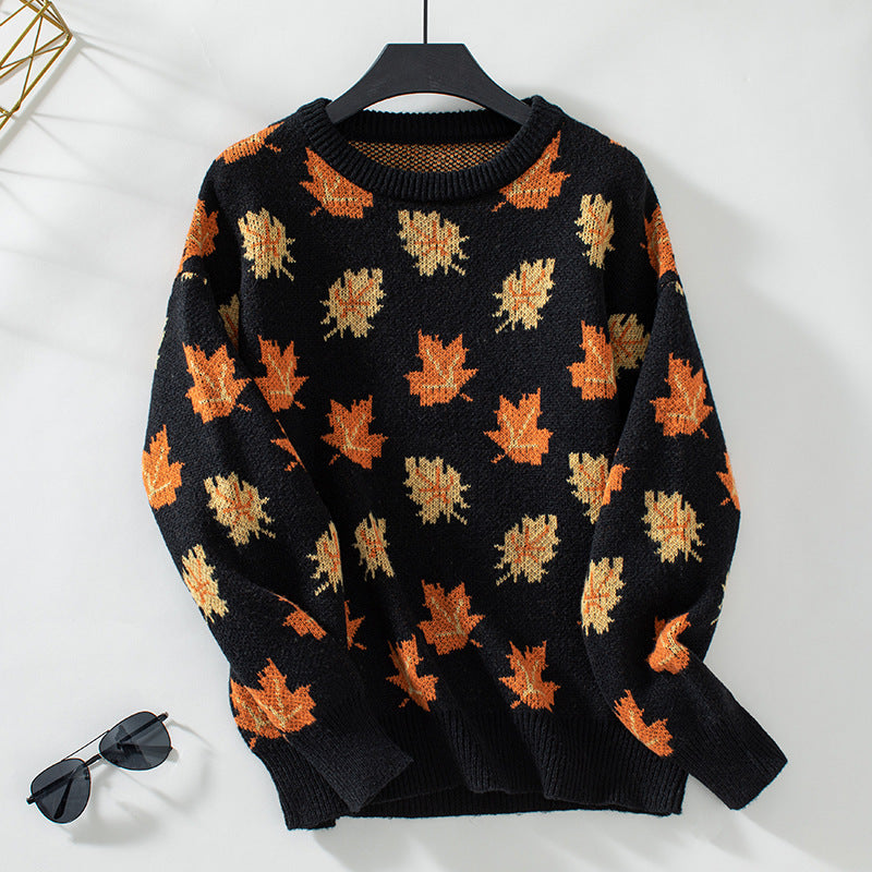 Camille Women’s Knit Pullover – Maple Leaf Pattern Wool Sweater