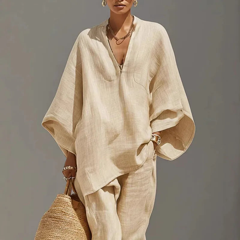 Aiza Linen Two-Piece Matching Set – V-Neck Batwing Sleeve Relaxed-Fit Tapered Suit