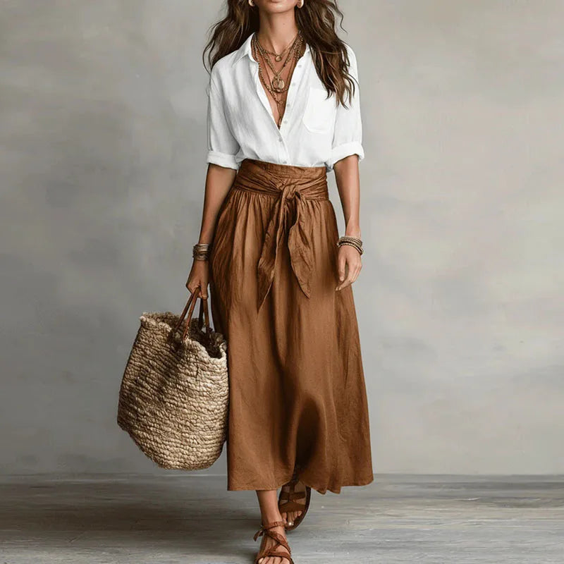 Adaline Linen Blend Two-Piece Skirt Set – Button-Down Top Tie-Waist Midi Ensemble