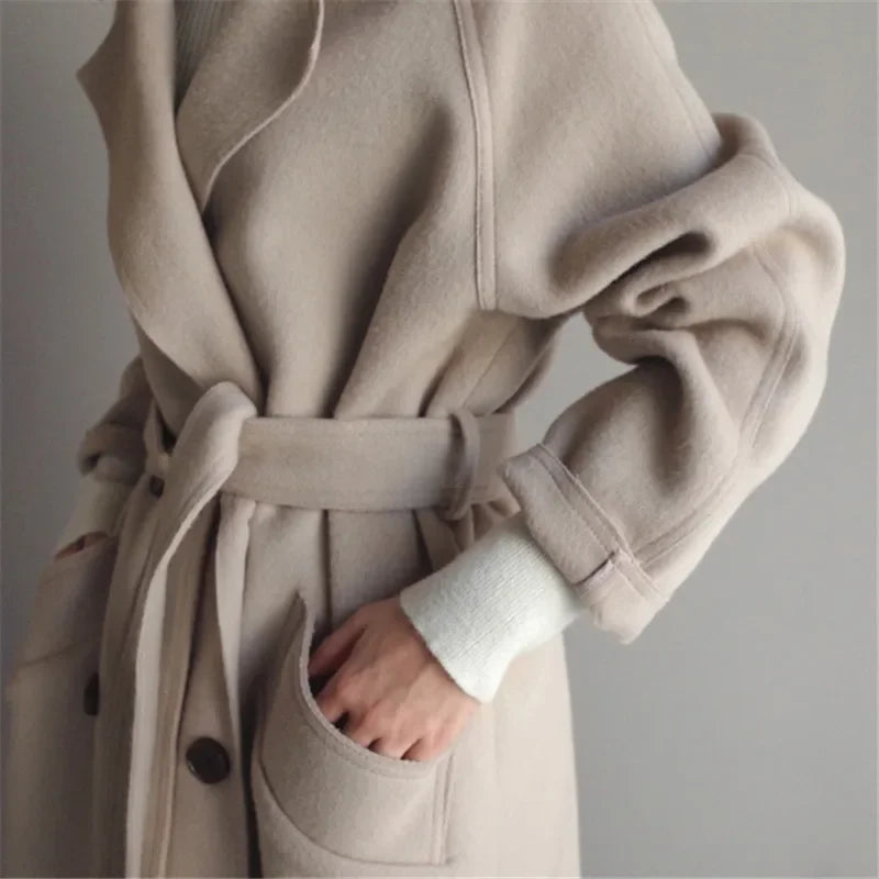 Selena Women’s Coat – Double-Breasted Lapel with Belted Mid-Length Fit
