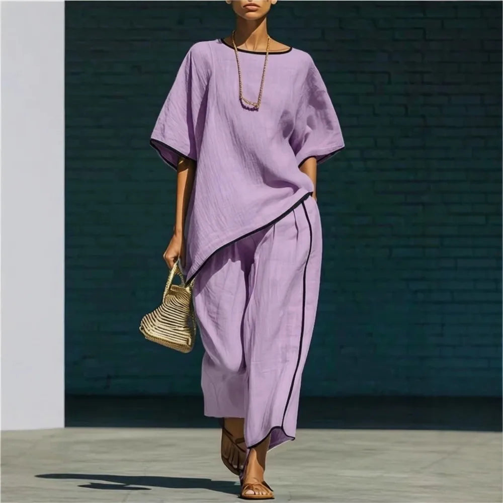 Tracey Cotton Blend Two-Piece Loungewear Set – Round Neck Cropped Wide-Leg Pants