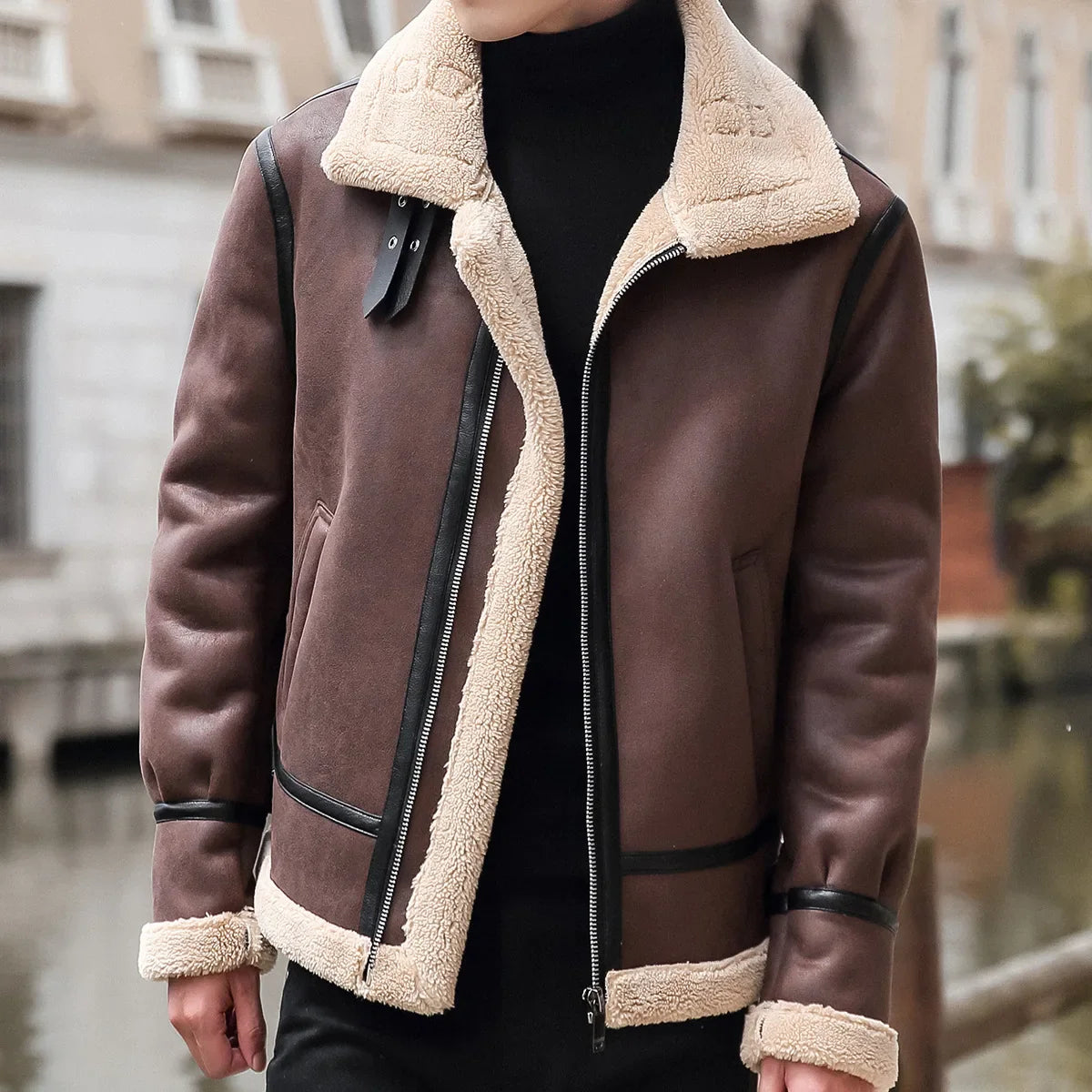 Ashford Men’s Leather Jacket – Shearling-Lined Zip Up Jacket