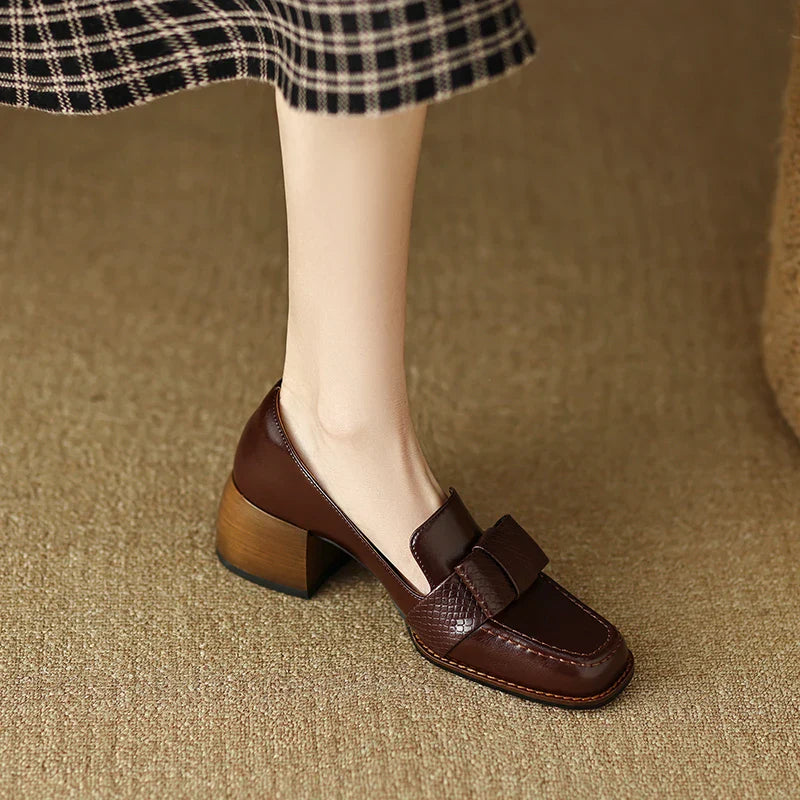 Luciana Women's Leather Loafers – Italian Square Toe Mid-Heel Women’s Shoes
