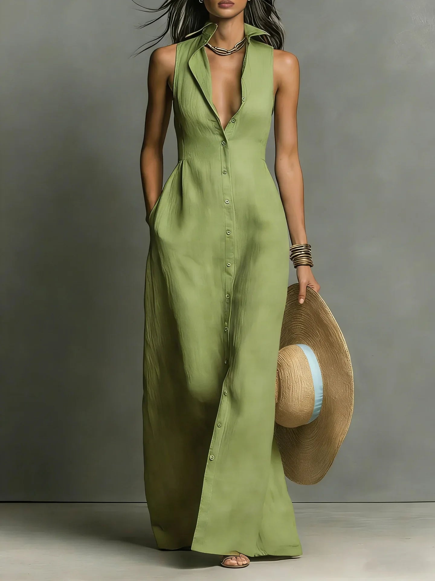 Luna Linen Blend Shirt Maxi Dress – Turn-Down Collar Sleeveless Tailored-Waist Structure