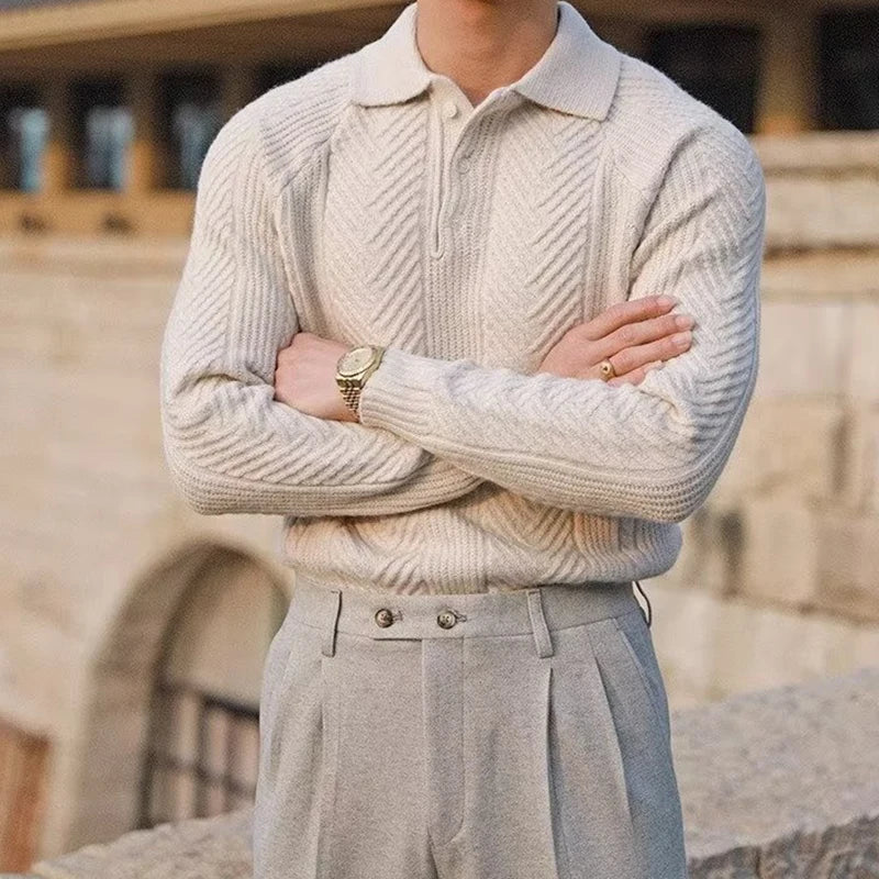 Cortona Men’s Polo Sweater – Textured Cable-Knit Sweater