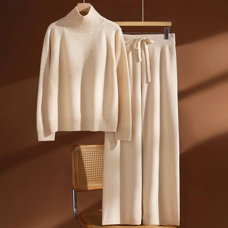 Ruffa Women’s Wool Lounge Set – Soft Knit Pullover & Wide-Leg Trousers