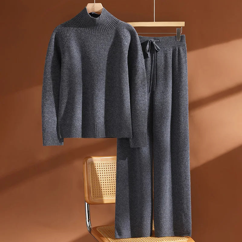 Ruffa Women’s Wool Lounge Set – Soft Knit Pullover & Wide-Leg Trousers